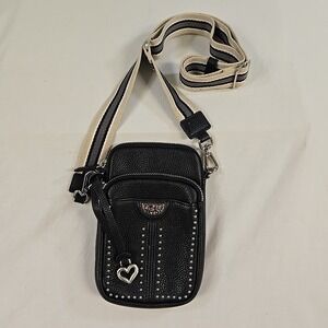 Brighton Zak Mini Utility Black Leather Phone Crossbody Bag Studded